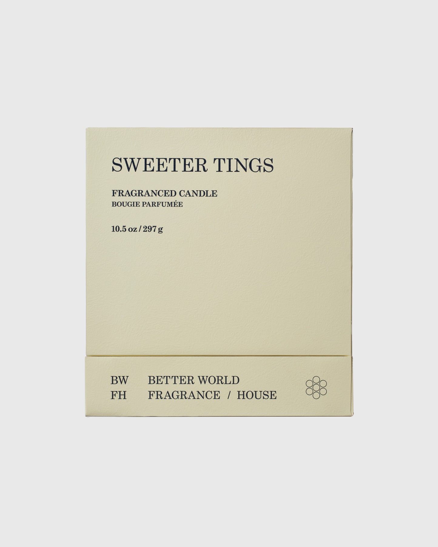 Sweeter Tings fragranced candle box by Better World Fragrance House, 10.5 oz, with cream-colored packaging.