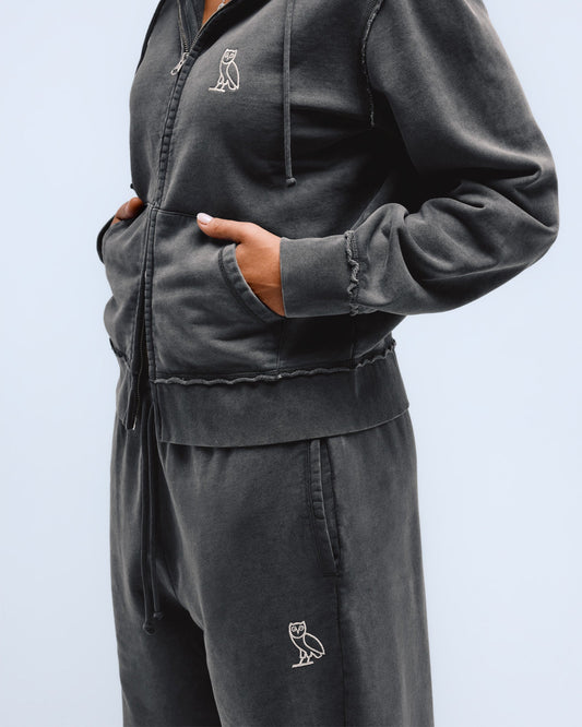 Raw Edge Full-Zip Hoodie - Black Sand