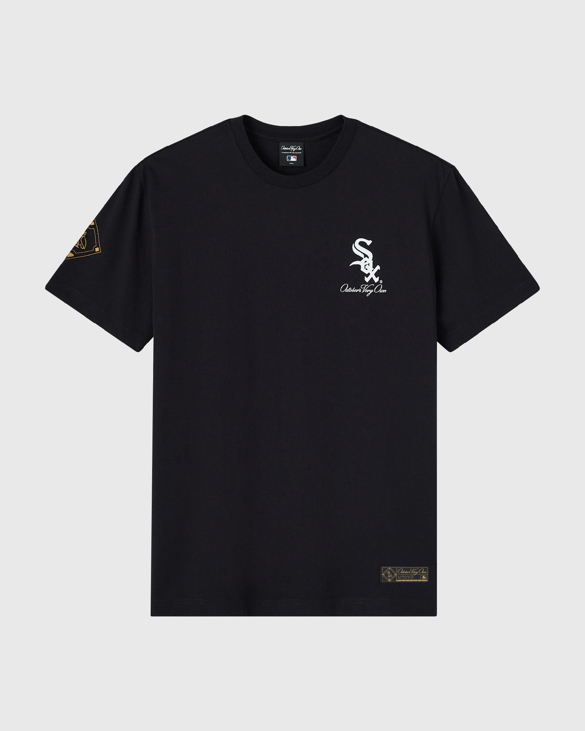 Black crewneck t-shirt with white Chicago White Sox logo and text on chest, small patches on sleeves and lower hem.