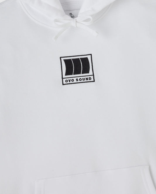 White hoodie with drawstring hood and black OVO Sound rectangular logo print on chest.