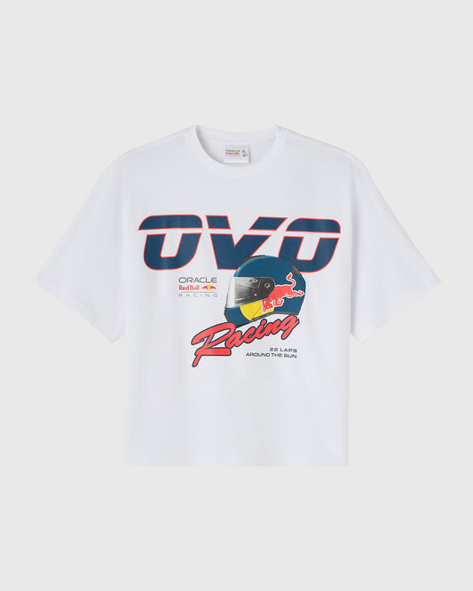 White t-shirt with Red Bull Racing graphic featuring OVO logo, racing helmet, and text on front.