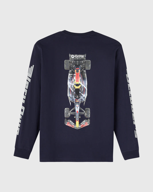 Navy long-sleeve tee with Red Bull Racing RB21 formula car graphic on back and text down sleeves.