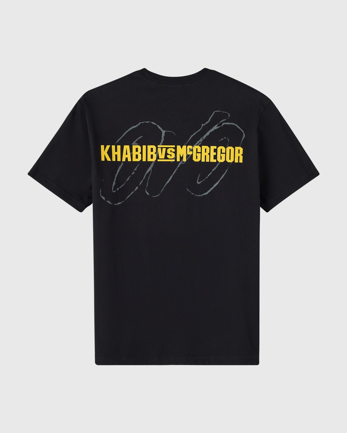Black t-shirt with yellow "KHABIB vs McGREGOR" text and gray sketch design on back.