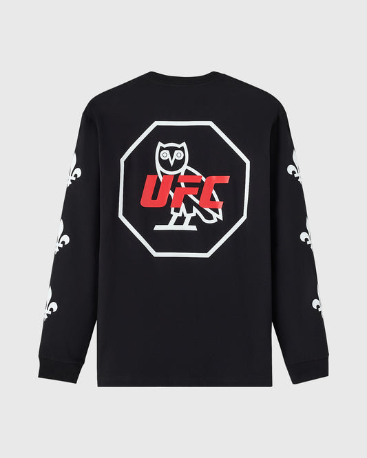 Back of black long-sleeve tee with UFC octagon logo featuring white owl graphic and red text on front, small fleur-de-lis prints on sleeves