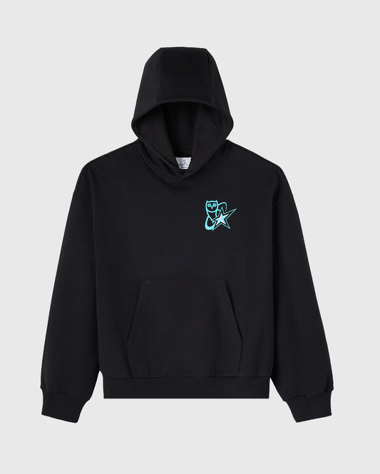 Black hoodie with cyan airbrush graphic of shooting star and text on chest.