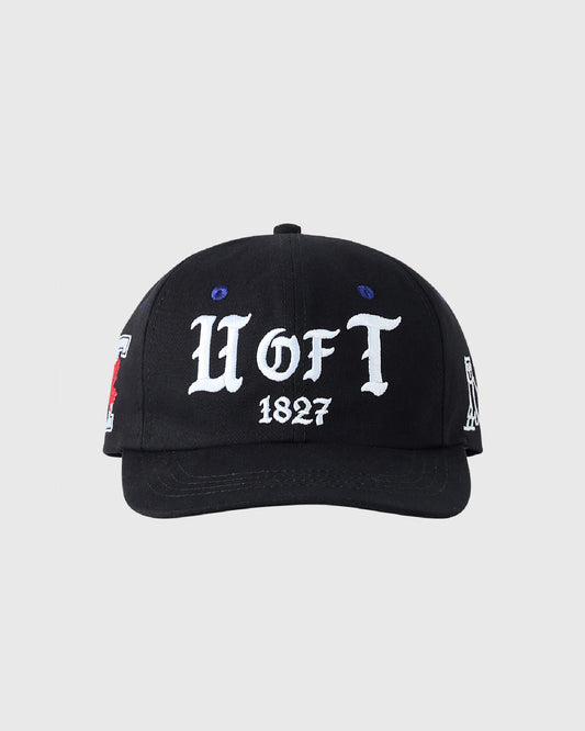 Black baseball cap with white "UOFT 1827" embroidered on front and side logos.