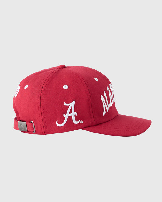 Red baseball cap with white "A" logo on front, "ALABAMA" text on side, adjustable back closure.