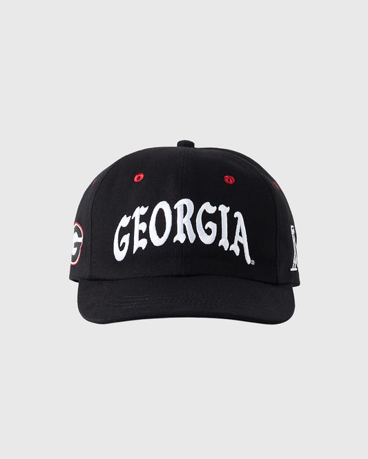 Black baseball cap with white "GEORGIA" text across front and red logo embroidery on sides.