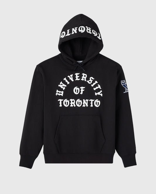 Black hoodie with "University of Toronto" text printed on chest and hood, featuring drawstring and kangaroo pocket.
