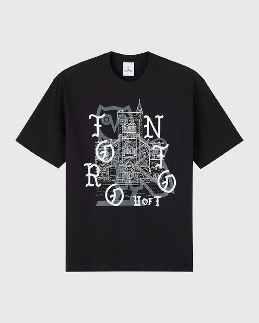 Black crewneck t-shirt with white graphic print of a gothic building and decorative lettering on chest.