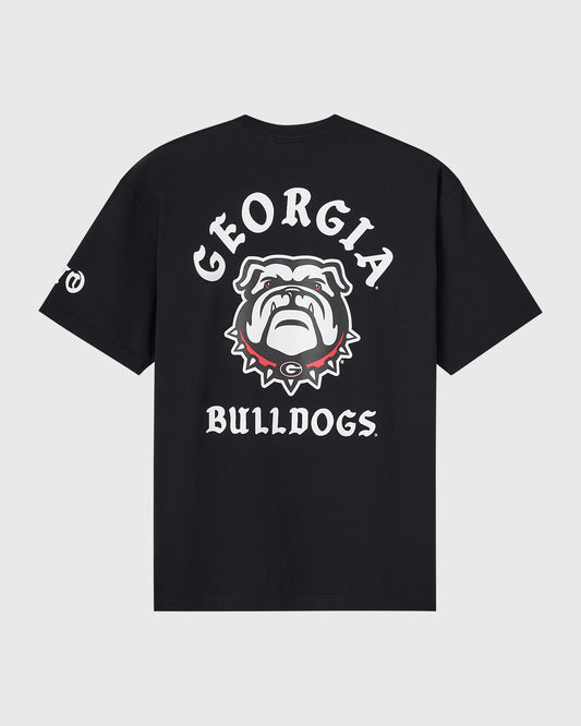 Black t-shirt with white "Georgia Bulldogs" text and bulldog mascot graphic on front, small logo on sleeve.