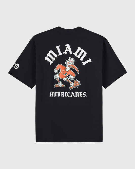 Black t-shirt with white "MIAMI" text, orange and white mascot graphic, and "HURRICANES" text on chest.