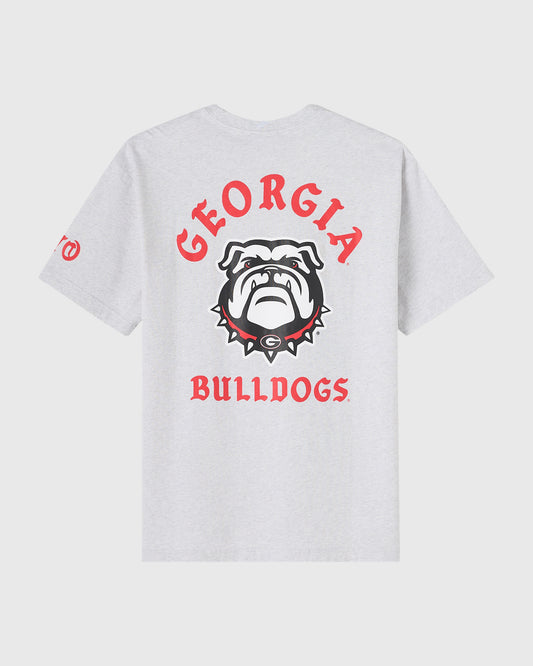 Ash heather grey tee with red "Georgia Bulldogs" text and bulldog mascot graphic on back.