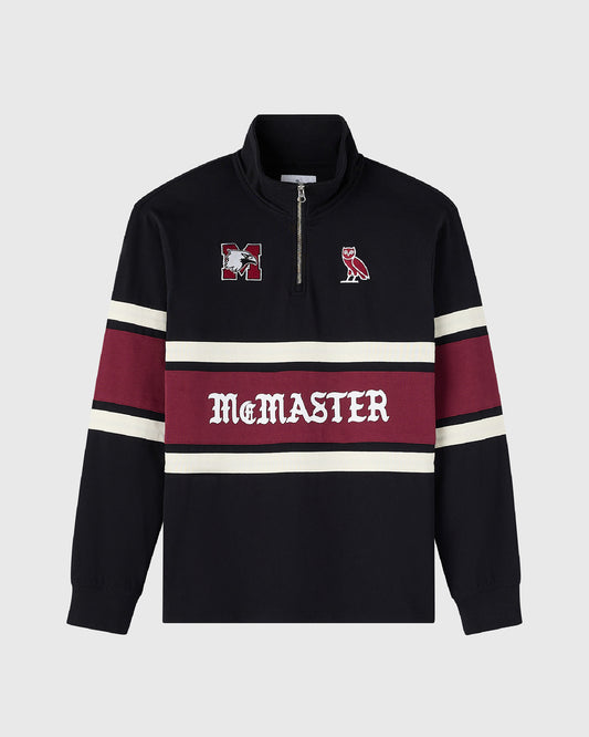 Black quarter-zip rugby pullover with maroon and cream horizontal stripes, McMaster University logos and text.