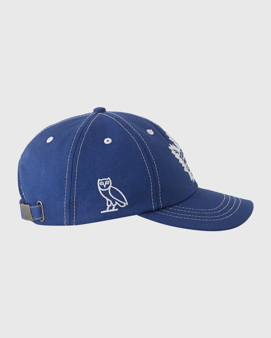 Blue baseball cap with white owl logo and text embroidered on front, adjustable back strap, and contrasting white stitching.