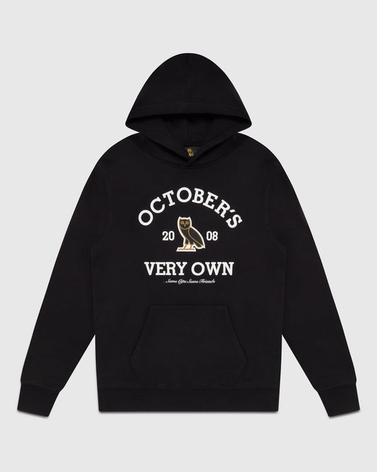 Black hoodie with white text reading "Octobers Very Own" and an owl graphic, featuring a kangaroo pocket and drawstring hood.