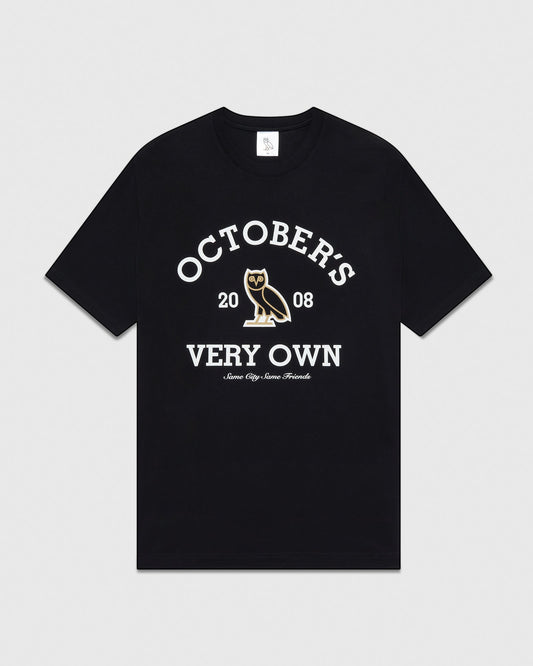 Black t-shirt with white "Octobers Very Own" text, owl graphic, and "2008" printed on chest.