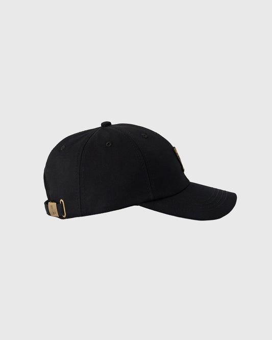 Black baseball cap with curved bill and gold-toned metal buckle closure on the back strap.