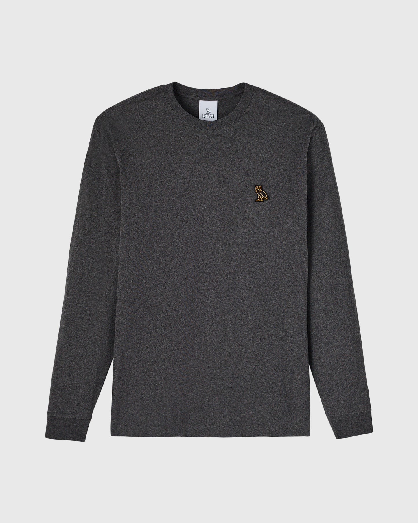 Heather charcoal long-sleeve crewneck tee with small gold owl embroidered on chest.