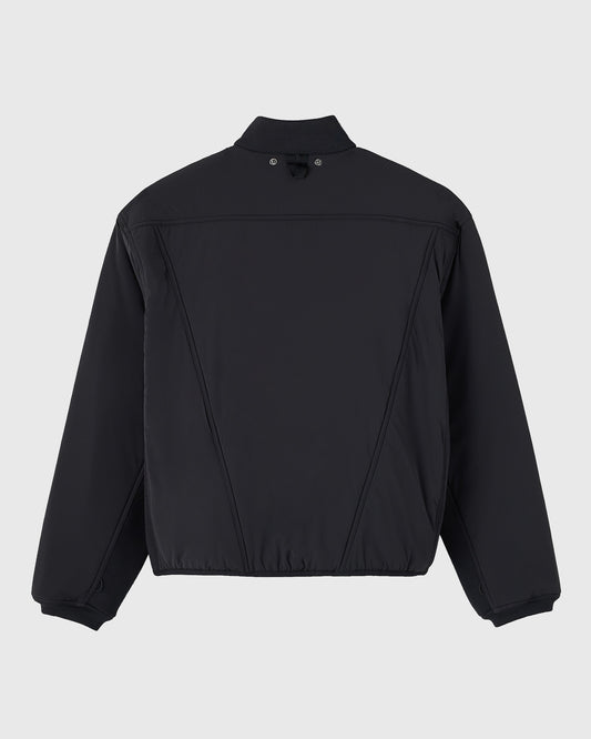 Black modular jacket with stand collar, visible seam detailing, and drawstring hem shown from back view.