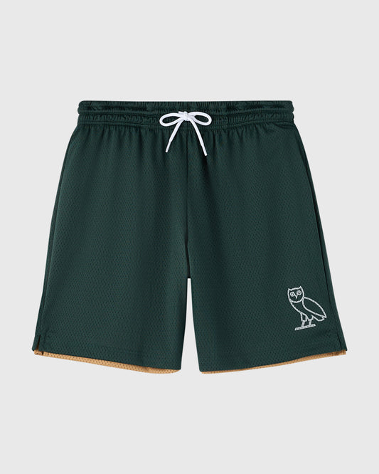 Dark green mesh shorts with white drawstring, camel trim at hem, and small owl logo on leg.