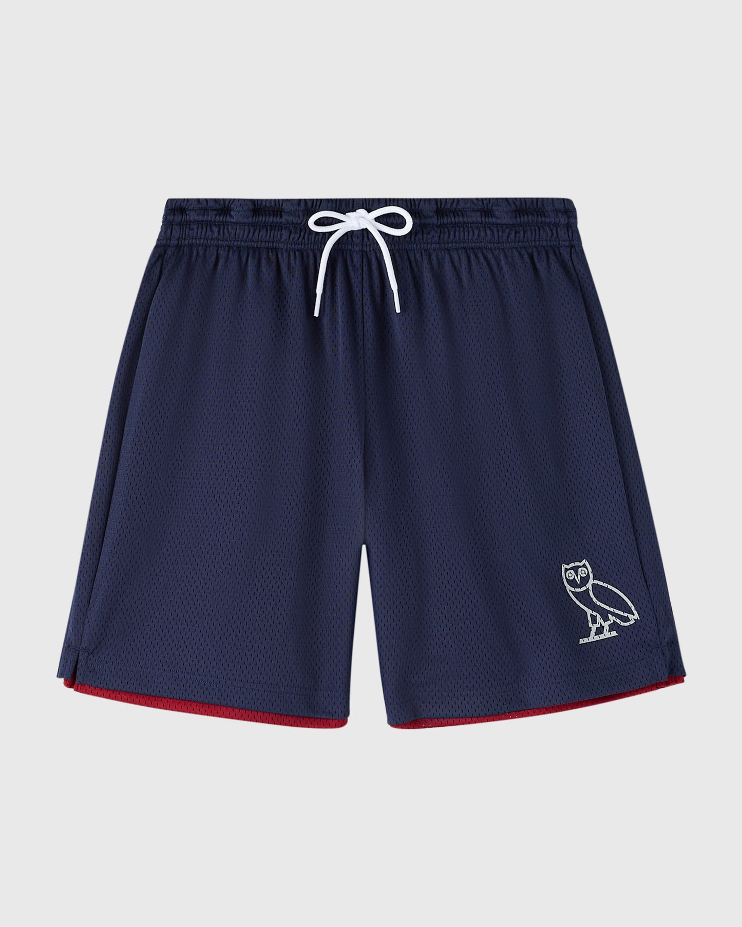 Navy mesh shorts with red trim, white drawstring, and owl emblem on leg.
