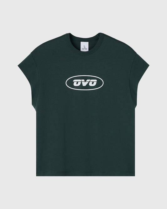 Midnight green muscle tee with white oval logo print on chest.