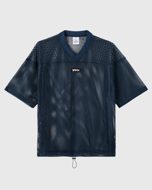 Navy mesh football jersey with V-neckline, short sleeves, small white logo on chest, and drawstring hem.