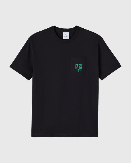 Black short-sleeve t-shirt with small teal owl crest logo on chest pocket.