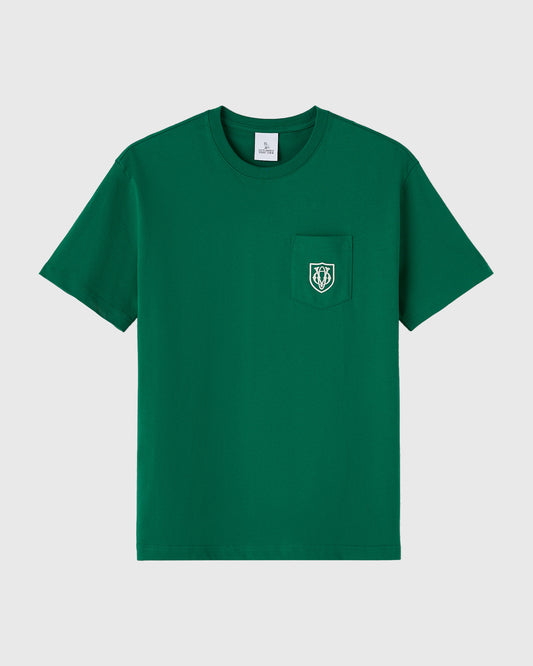 Lush green short-sleeve t-shirt with chest pocket featuring white owl crest logo.