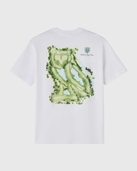 White t-shirt with green golf course layout design and owl graphic on back.