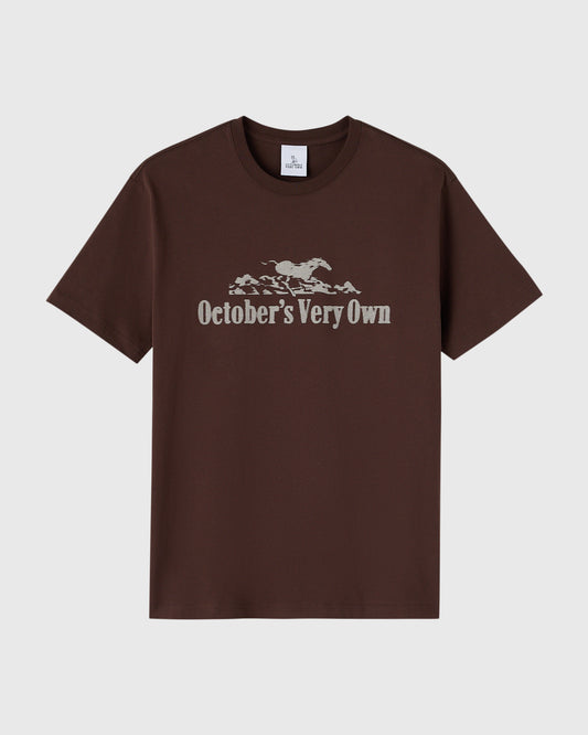 Fern brown t-shirt with horse and "October's Very Own" text graphic on chest.