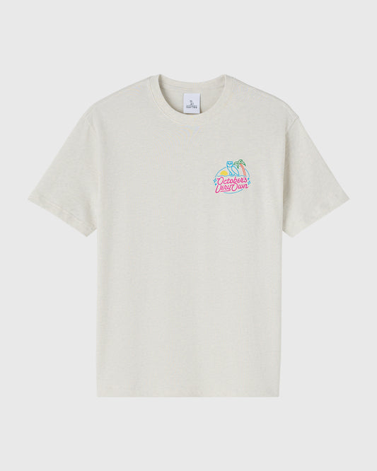 Ash heather grey short-sleeve t-shirt with small colorful neon sign graphic on chest featuring blue, pink, and yellow text.