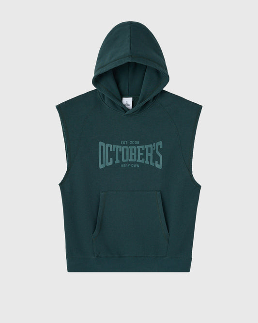 Midnight green sleeveless hoodie with "October's Very Own" text graphic and front kangaroo pocket.