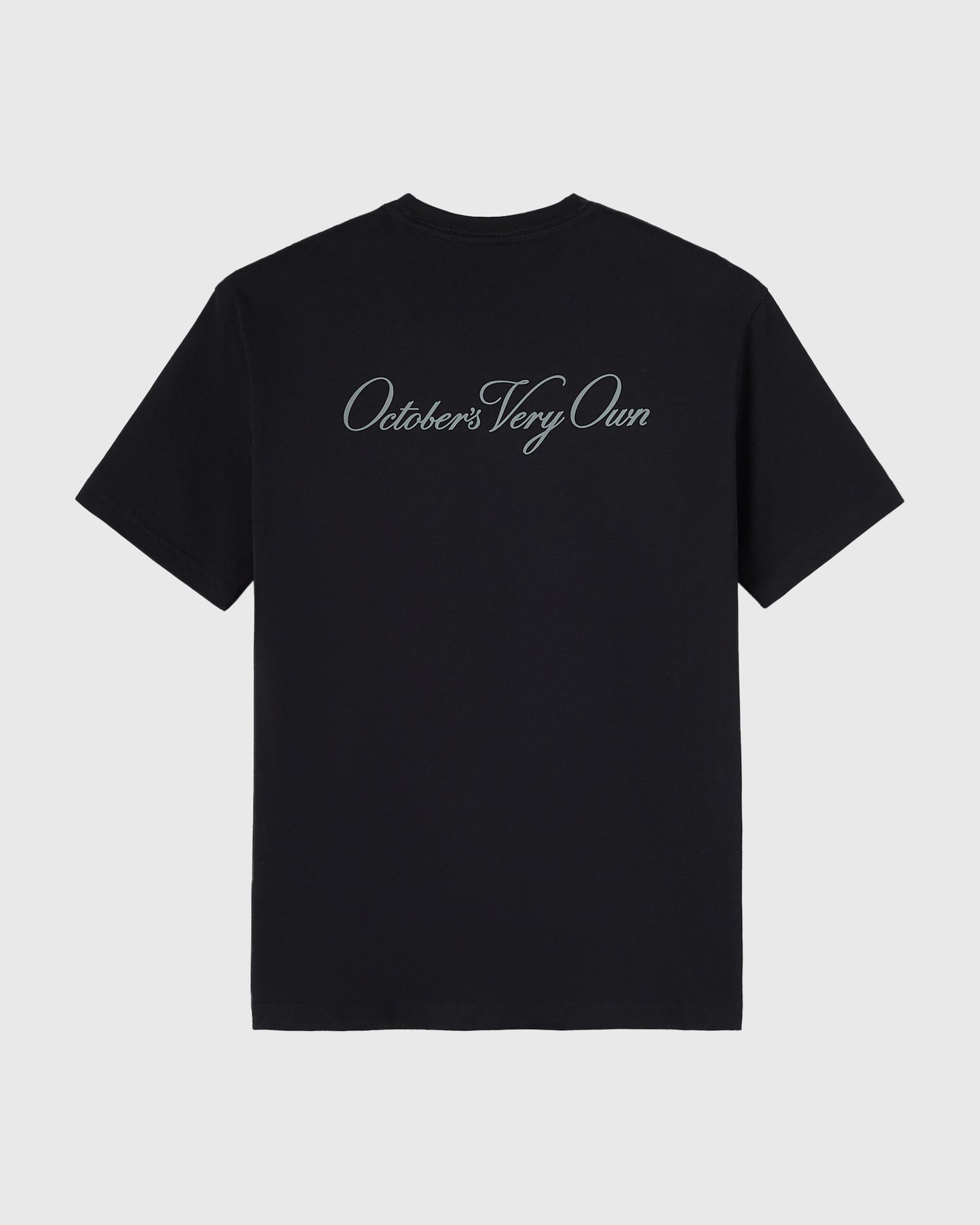 Black t-shirt with gray cursive text reading "October's Very Own" on the chest.