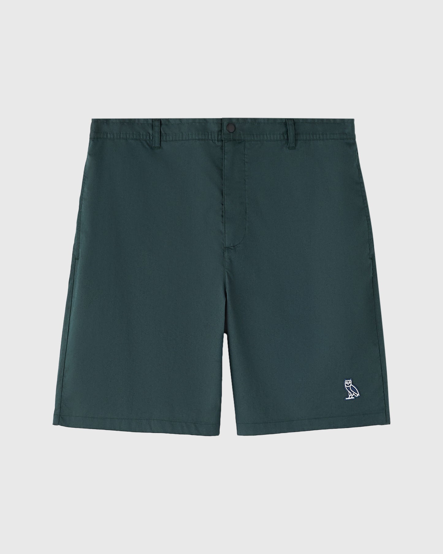 Midnight green camp shorts with button fly, belt loops, and small embroidered logo on right leg.