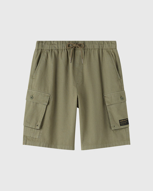 Olive green linen ripstop cargo shorts with elasticated waistband, drawstring, and multiple patch pockets with button closure