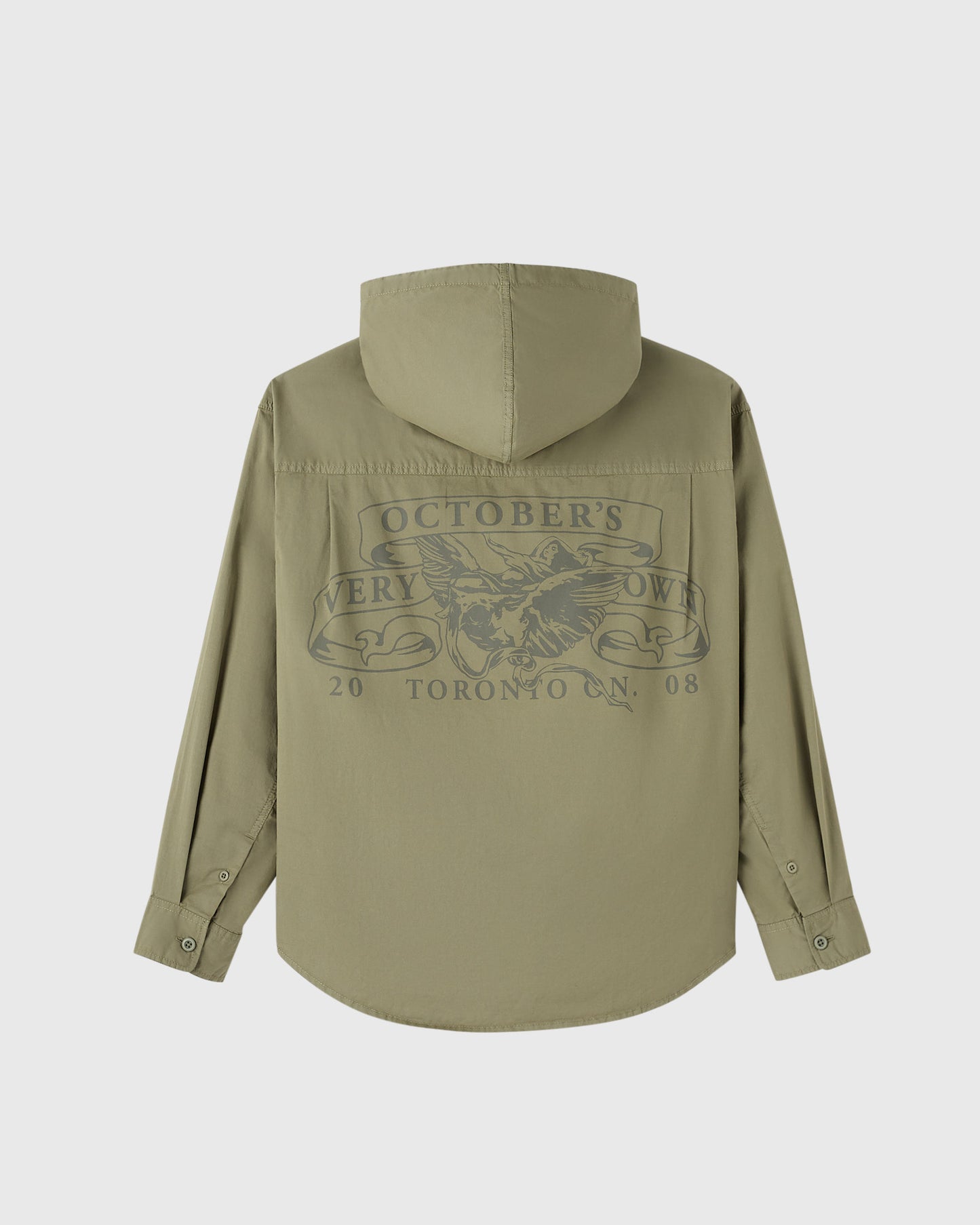 Olive green hooded button-up shirt with graphic print on back, front view.