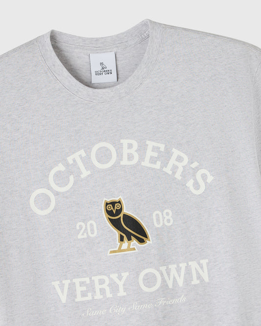 Ash heather grey crewneck tee with cream "Octobers Very Own" text and gold owl graphic on chest.