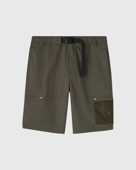 Deep olive nylon hiking shorts with elastic waistband, black belt, and cargo pockets with mesh paneling.