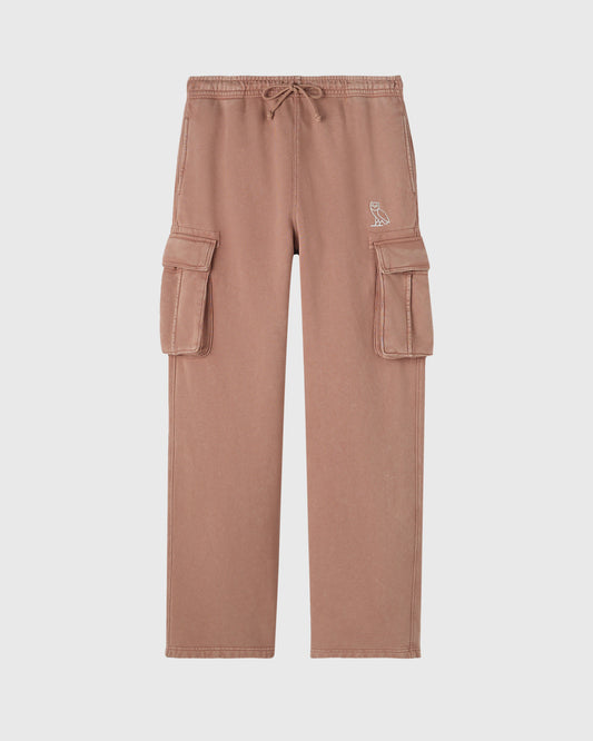 Mauve cargo sweatpant with dual cargo pockets, drawstring waist, and small logo embroidered on thigh.