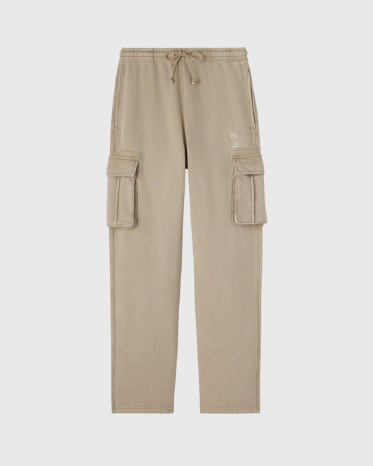 Sandstone cargo sweatpant with drawstring waist, dual thigh pockets, and embroidered logo on chest.