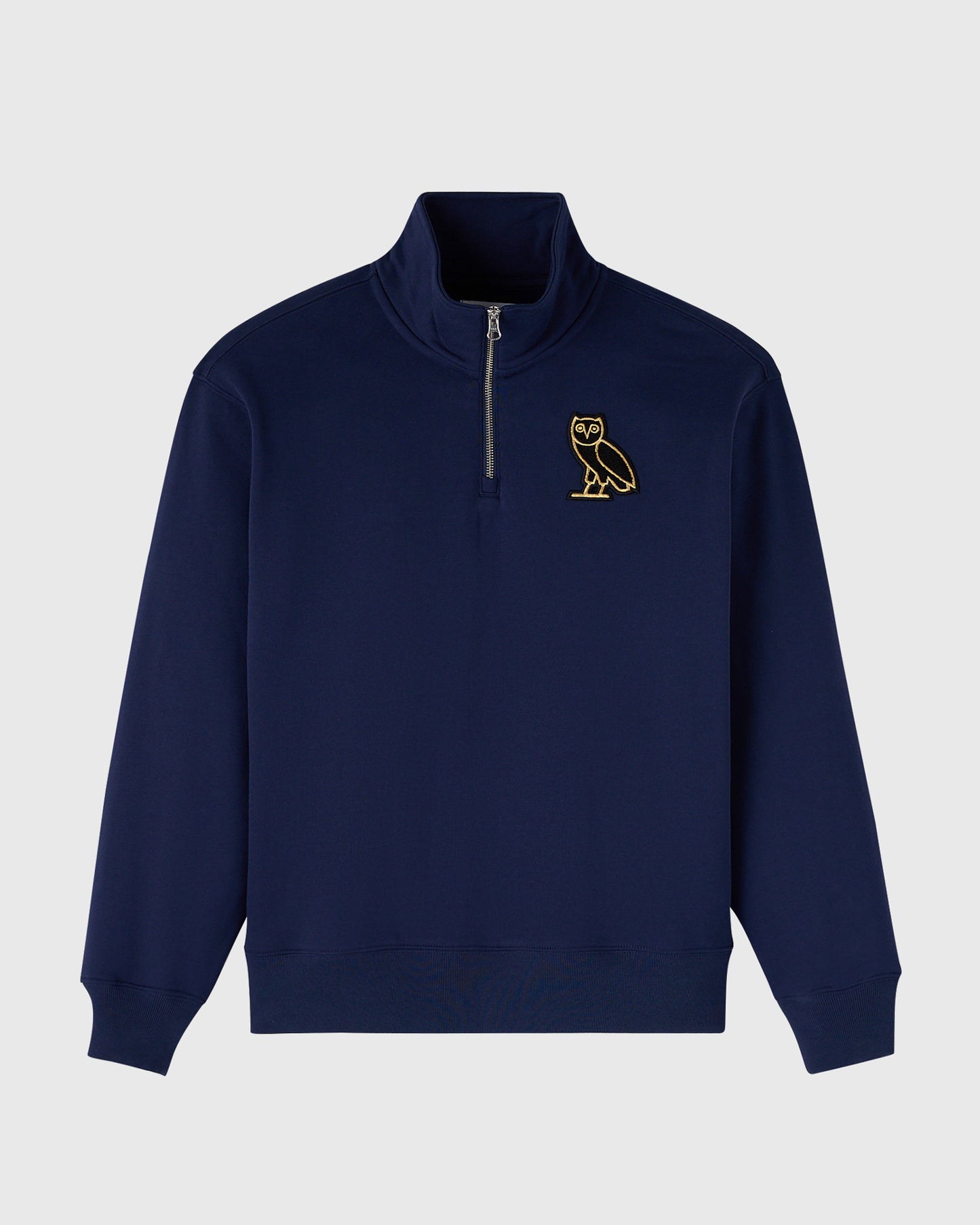 Navy quarter-zip mockneck sweatshirt with yellow owl emblem on chest.