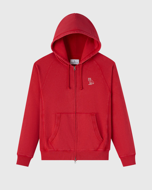 Berry red raglan full-zip hoodie with drawstring hood, kangaroo pocket, and small owl logo on chest.