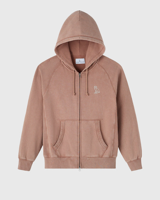 Taupe raglan hoodie with full-length zipper, drawstring hood, kangaroo pocket, and small owl logo on chest.