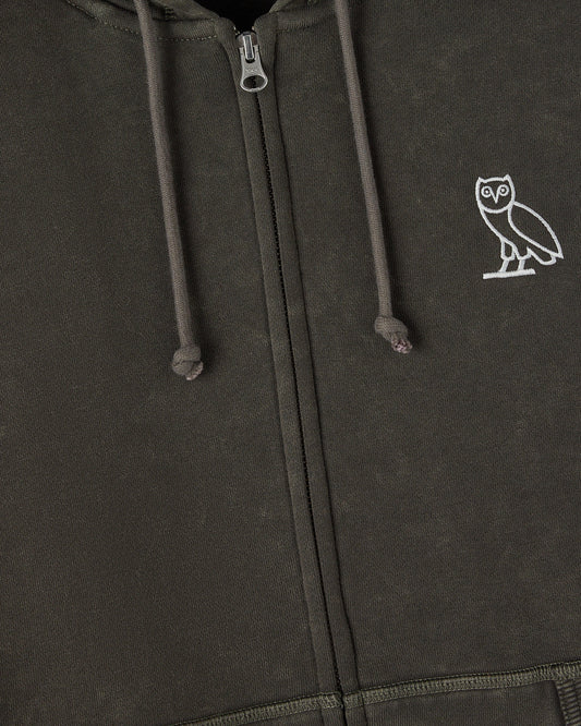 Deep olive full-zip hoodie with white owl embroidery on chest and drawstring hood detail.