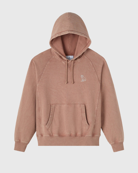Mauve raglan hoodie with drawstring hood, kangaroo pocket, and small owl embroidery on chest.