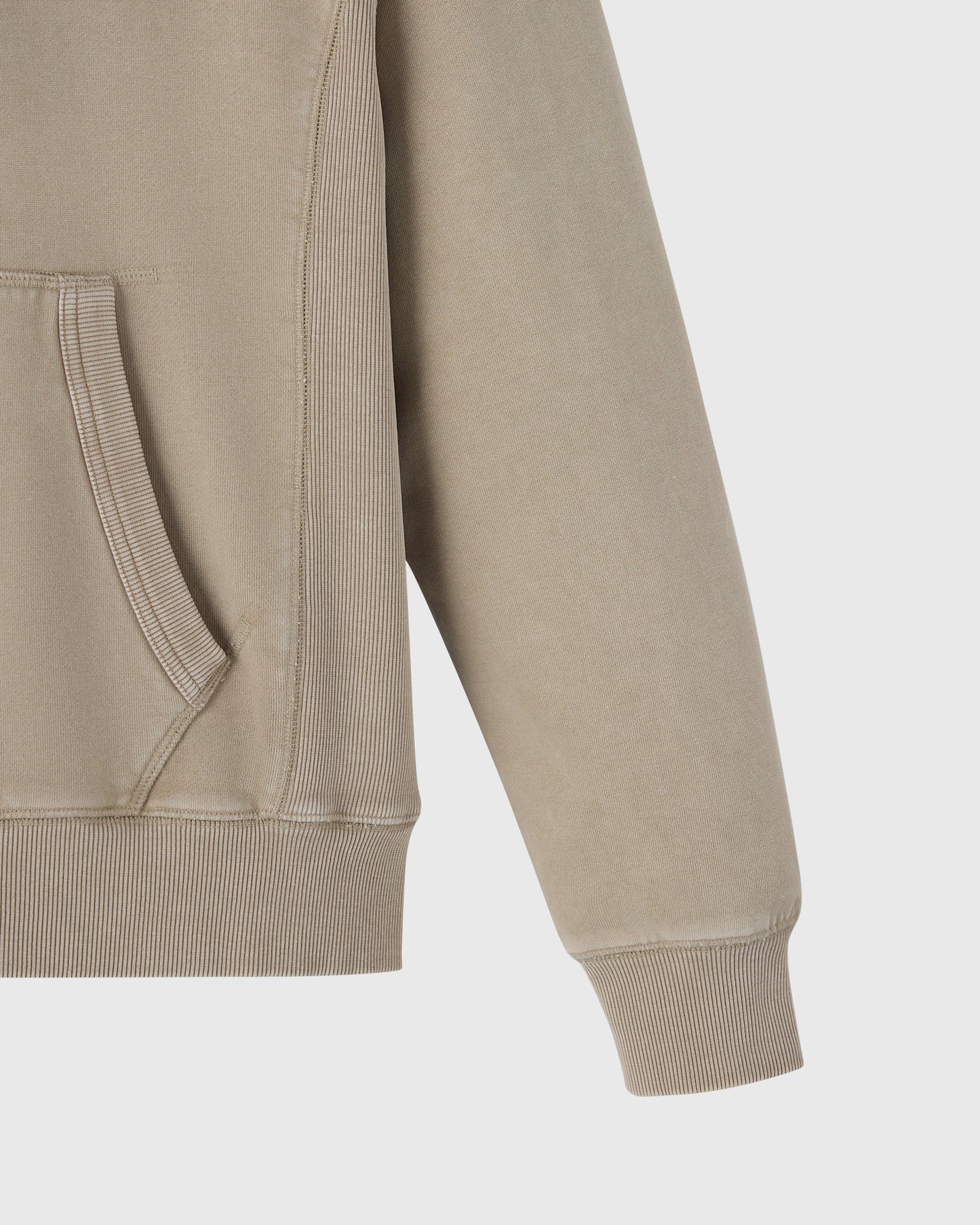 Sandstone raglan hoodie with ribbed cuffs, kangaroo pocket, and full-length zipper front closure.