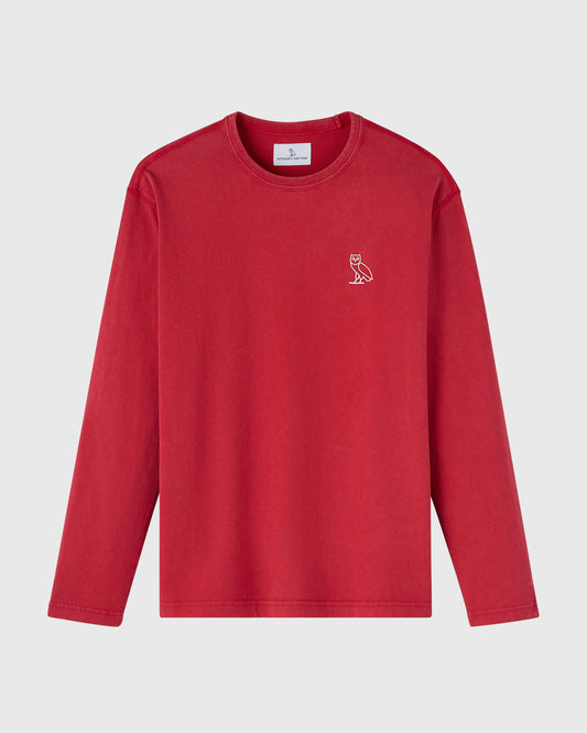 Berry-colored long-sleeve tee with small owl emblem on chest and crew neckline.