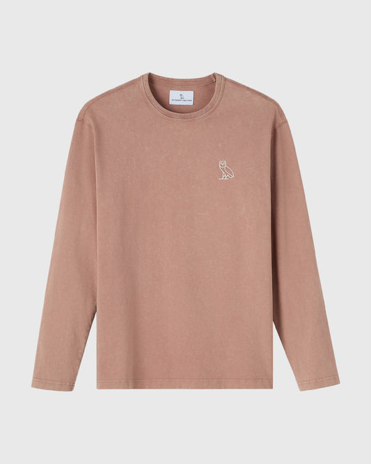 Mauve long-sleeve t-shirt with small owl embroidery on chest and crew neckline.